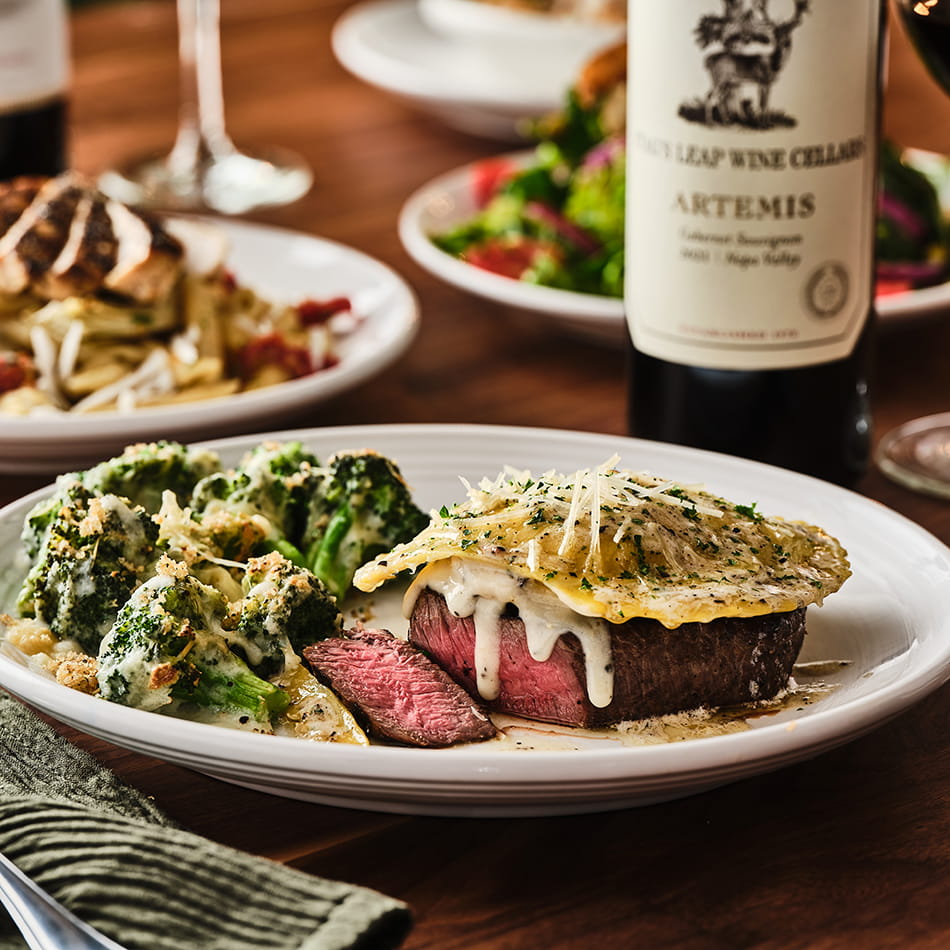 Grilled Sirloin* with Jumbo Raviolo
