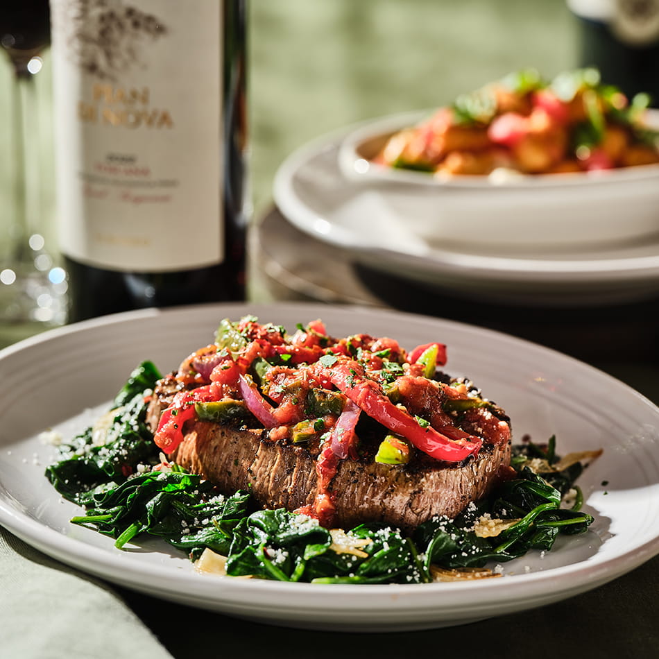 Grilled Sirloin Giardino with Sautéed Spinach