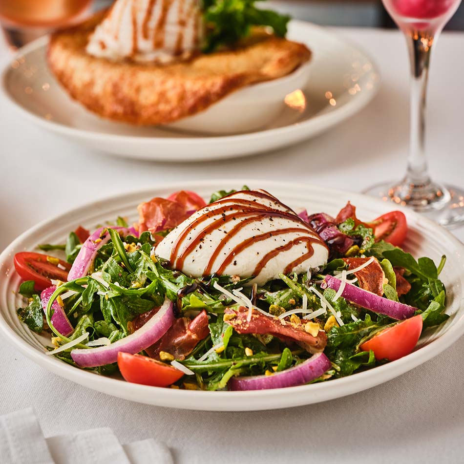 Parmesan Pistachio Arugula Salad with Burrata**