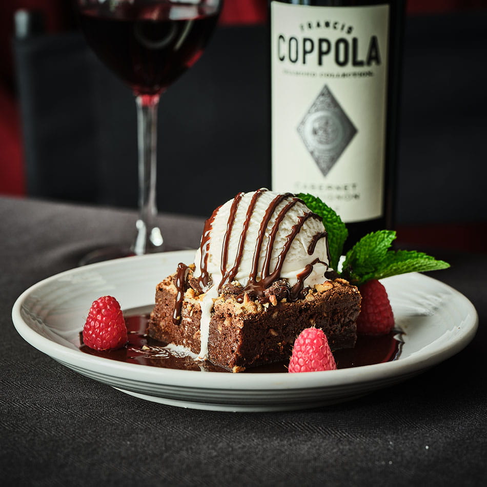 Chocolate Walnut Brownie with Raspberries