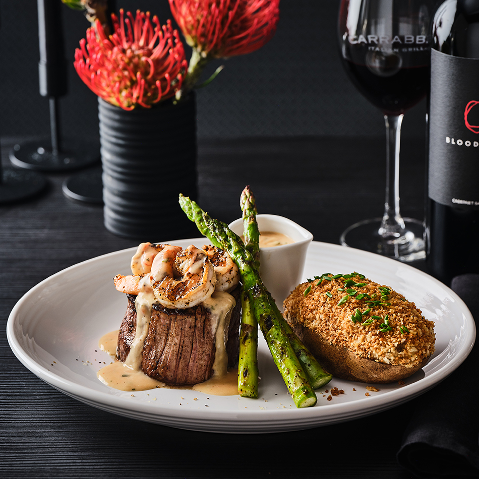 FILET* WITH SHRIMP & ROASTED TOMATO BÉARNAISE
