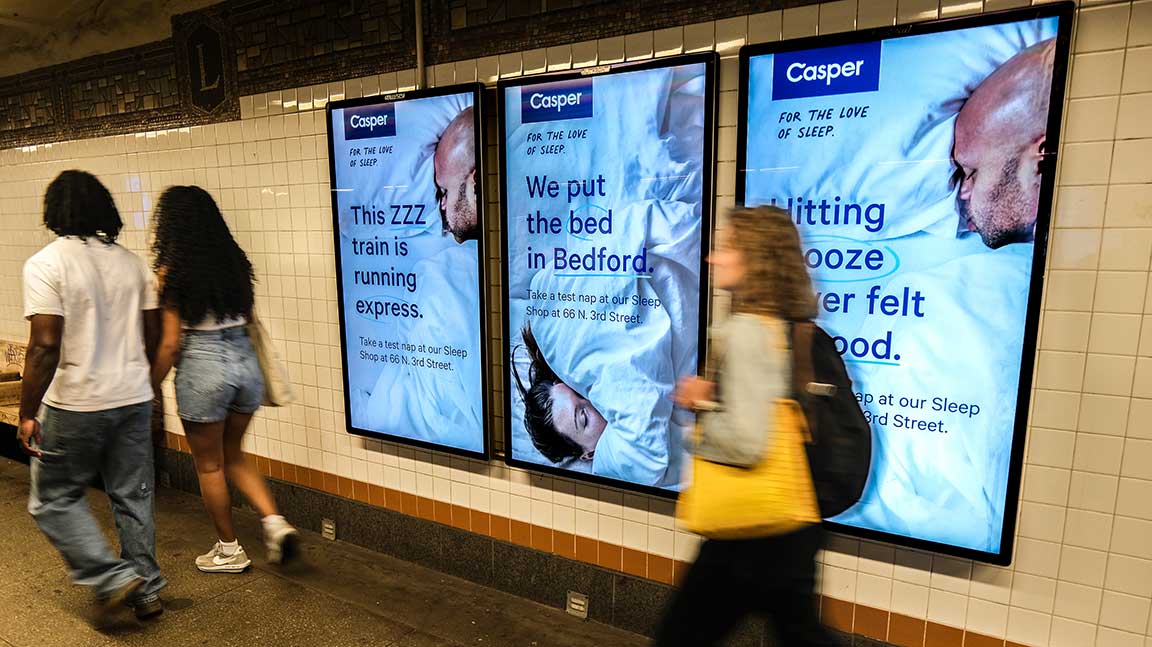 Casper ads on NYC subway liveboard triptych