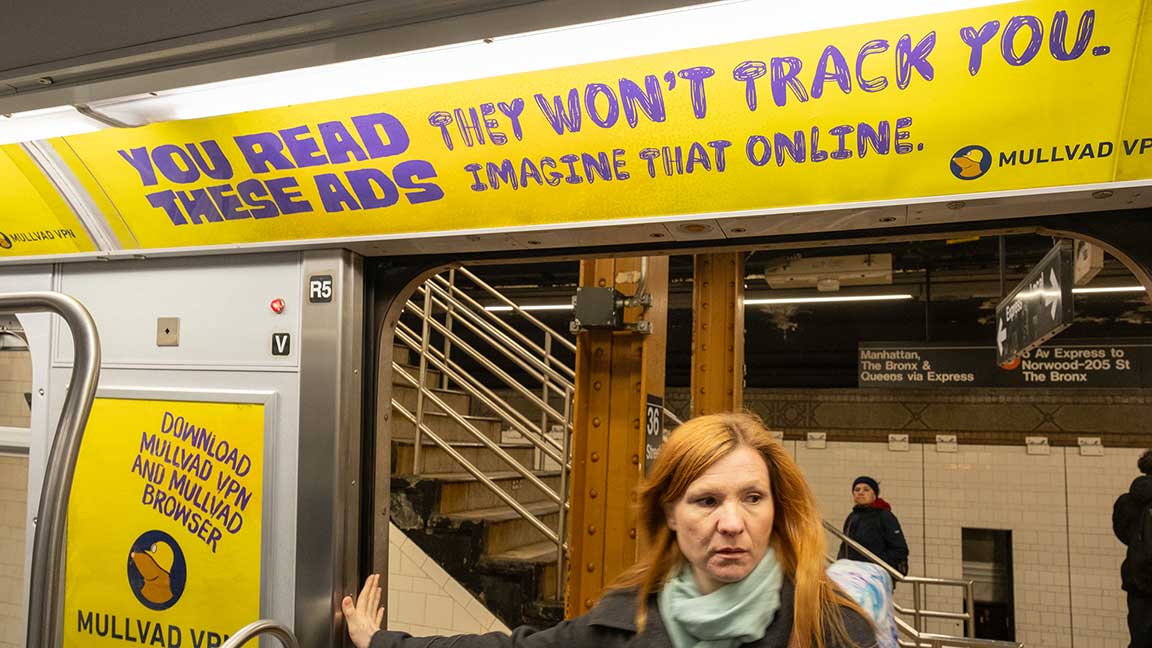 Mullvad VPN brand train media on NYC subway