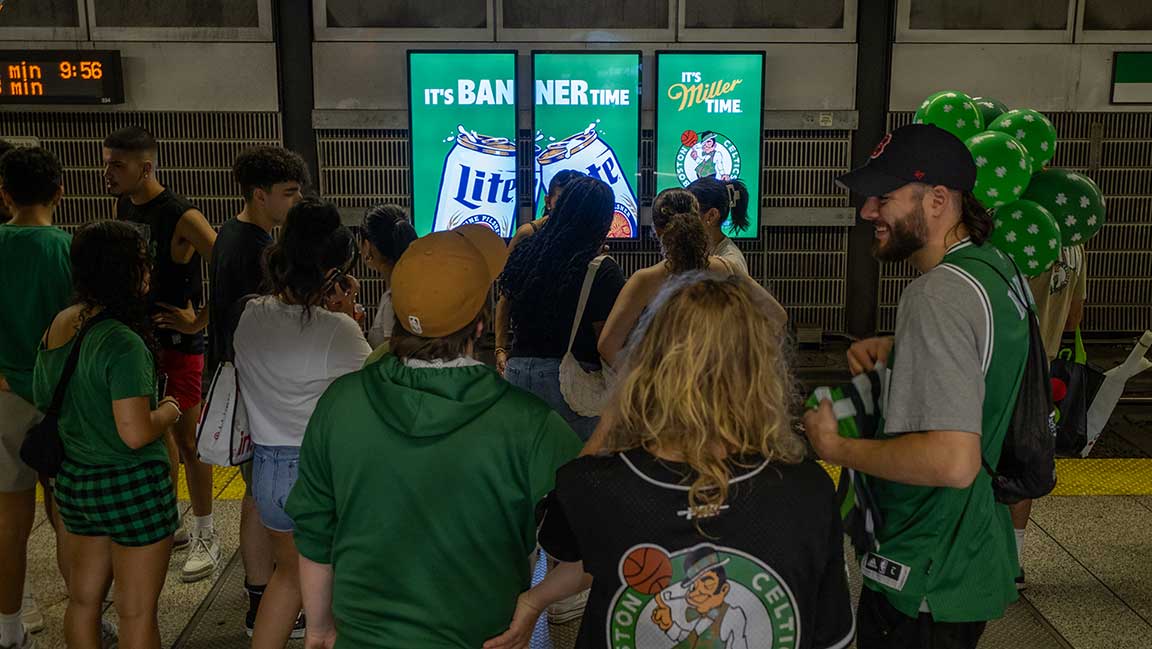 Contextually relevant Miller Lite liveboard triptych in Boston after Celtics' championship victory