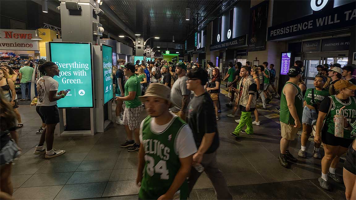 Contextually relevant New Balance liveboard in Boston after Celtics' championship victory