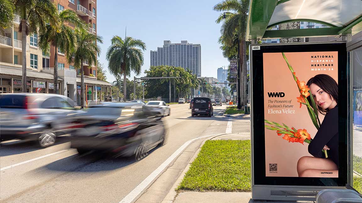 Digital OOH transit shelter for OUTFRONT x Women's Wear Daily Hispanic Heritage Month campaign