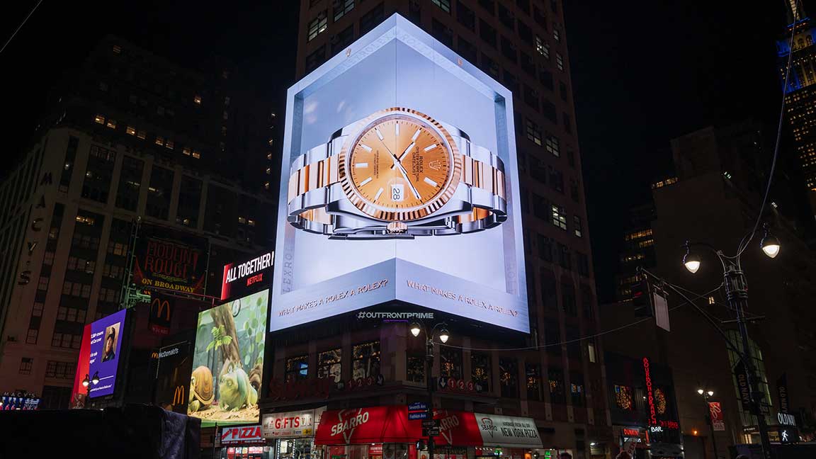 Rolex 3D billboard with XScape dimensional OOH technology on Penn Digital OUTFRONT PRIME unit in New York City