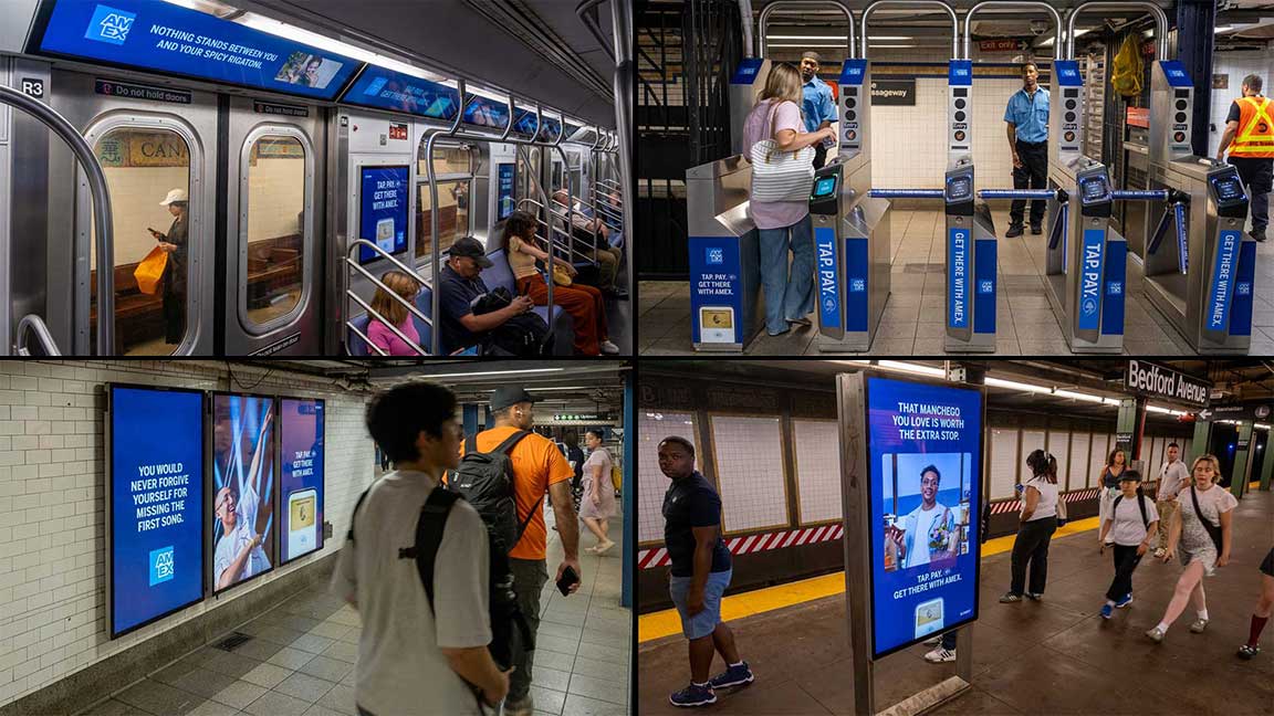 Montage of American Express DOOH ads on MTA subway Livecard Max