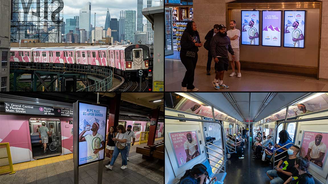 Montage of Evian out of home including DOOH and train wrap