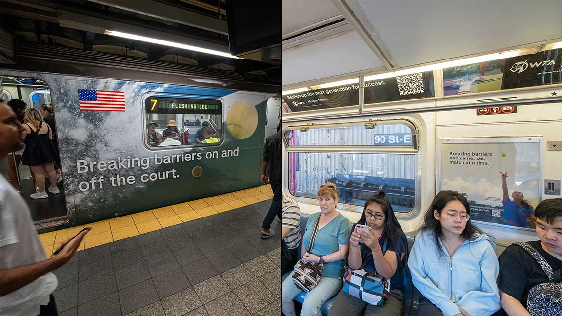 Interior and exterior of Morgan Stanley wrapped train