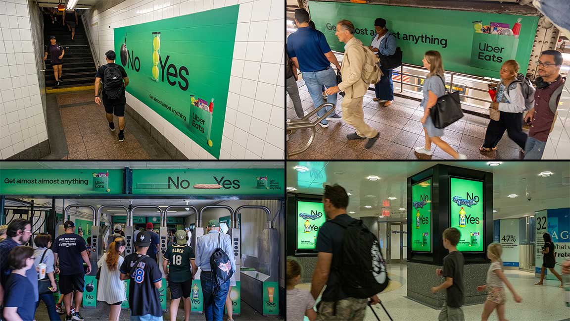 Montage of Uber Eats advertising throughout New York City subway and commuter rail