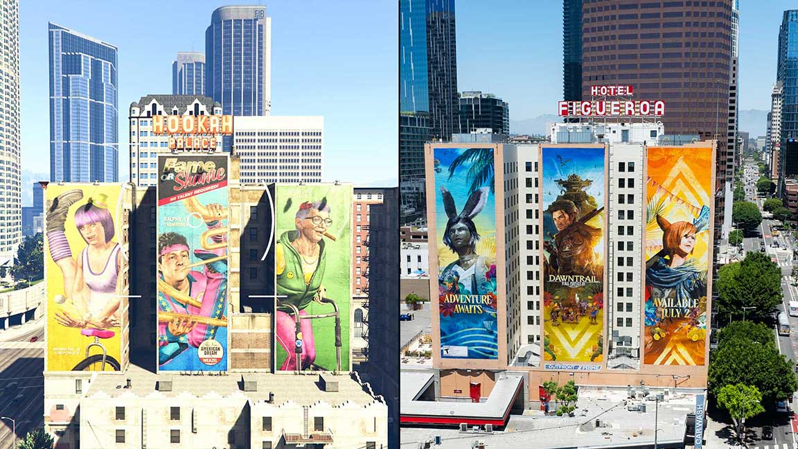 Figueroa Hotel wallscape in Los Angeles and the Hookah Palace Grand Theft Auto V billboard