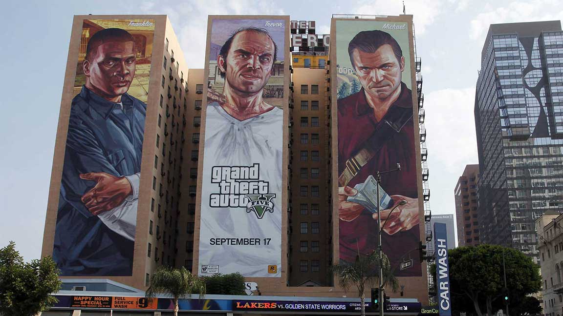 Wallscape on Hotel Figueroa in Los Angeles advertising Grand Theft Auto V