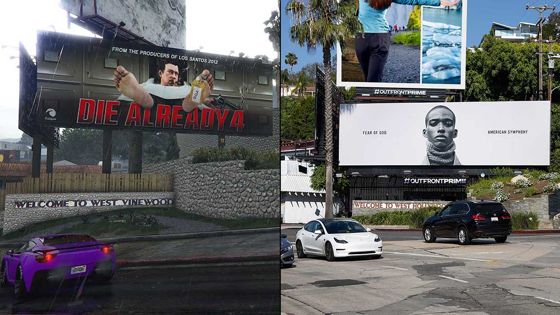 West Hollywood OUTFRONT PRIME billboards and their Grand Theft Auto billboard doppelgängers