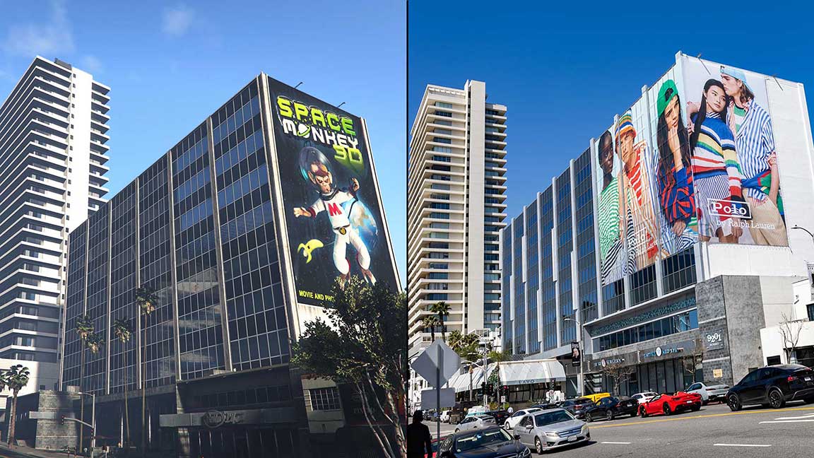 The Hills wallscape in Los Angeles and its Grand Theft Auto V billboard equivalent