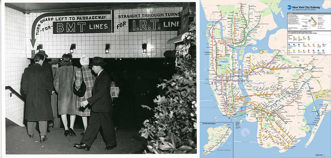 Historic photo of subway riders and today's subway map