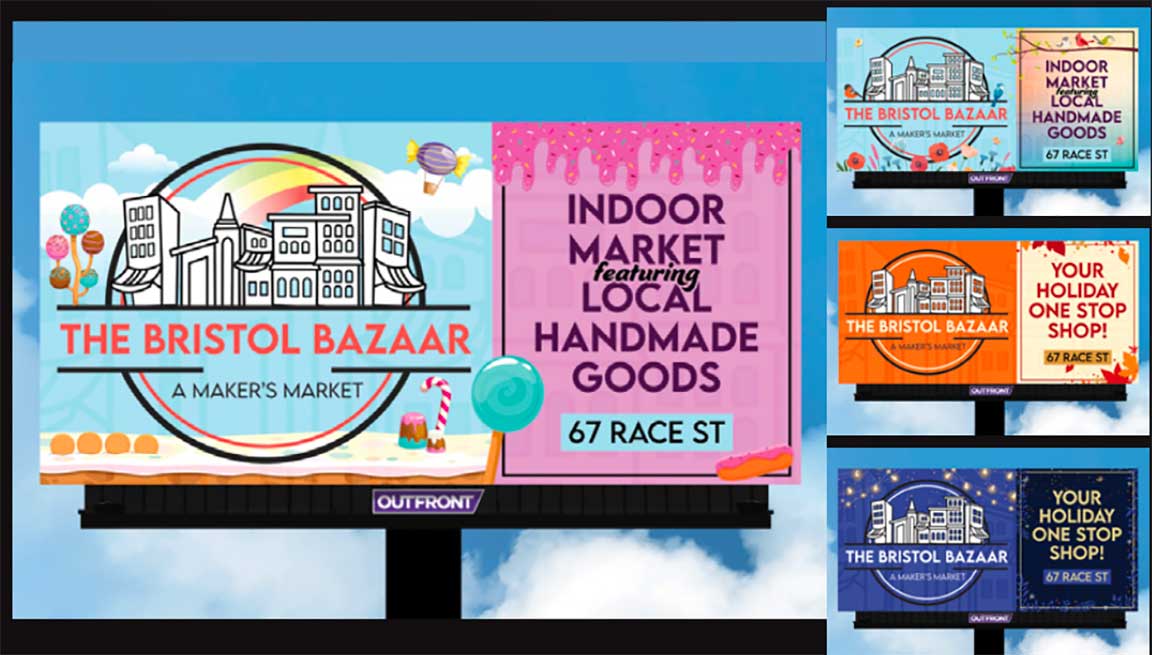 Creative variants of DOOH campaign for The Bristol Bazaar