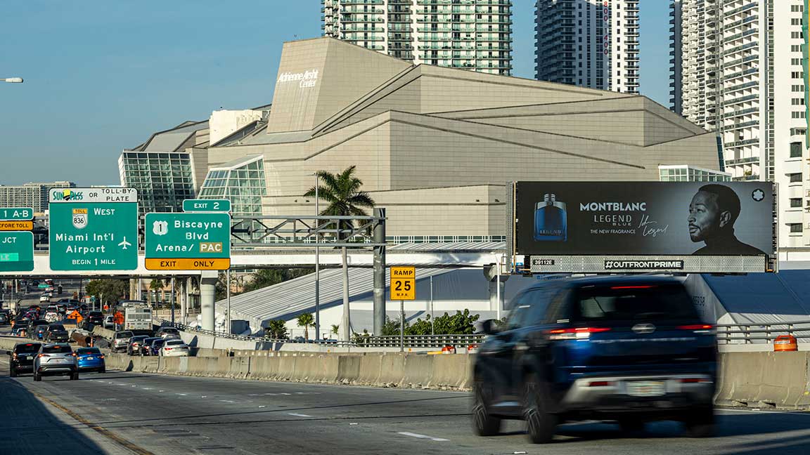 Montblanc OOH advertisement featuring John Legend on OUTFRONT PRIME billboard in Miami during Art Basel 