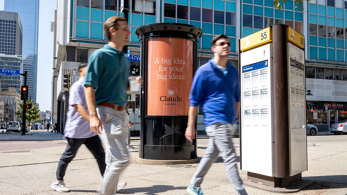 Claude AI campaign on Downtown Dallas kiosk