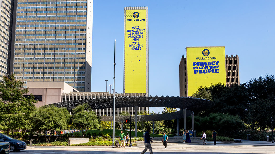 Mullvad VPN double wallscape advertisement in downtown Dallas