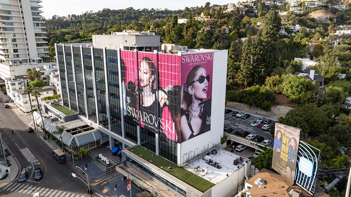 Ariana Grande in Swarovski advertisement on Los Angeles OUTFRONT PRIME wallscape