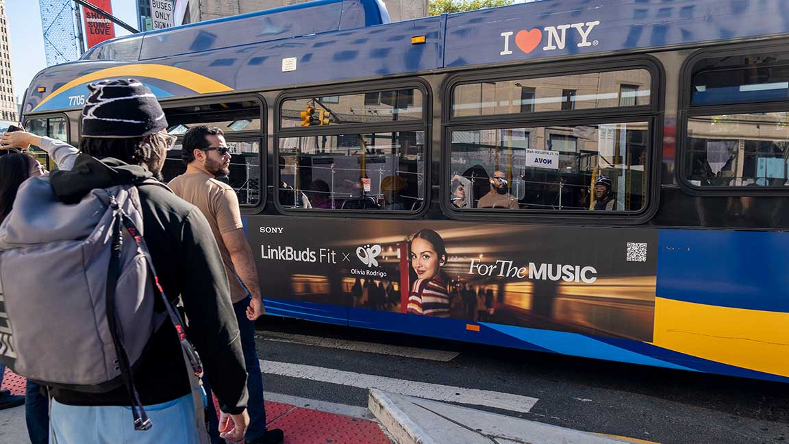 Olivia Rodrigo in Sony advertisement on New York City bus media