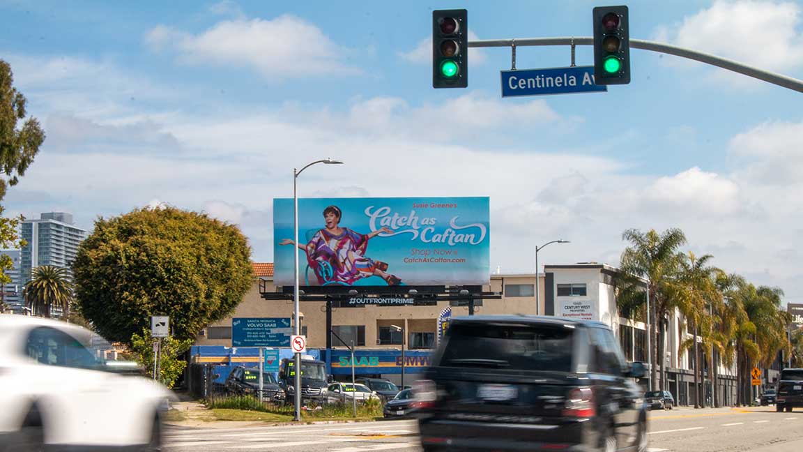 Curb Your Enthusiasm billboard for Susie Greene's Catch as Caftan, before vandalism