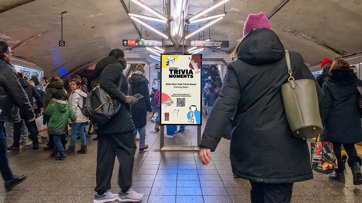 Trivia Moments DOOH creative on a subway platform Liveboard