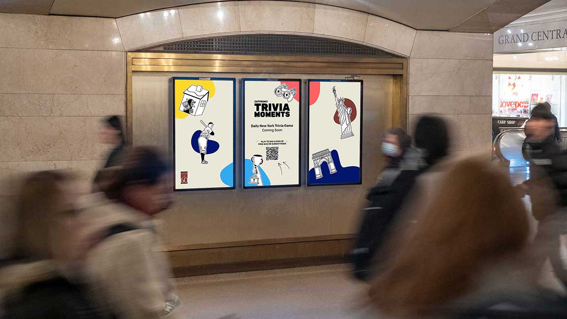 Trivia Moments DOOH creative on Liveboard triptych at Grand Central Station