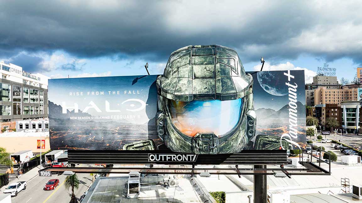 Paramount+ Halo billboard in Los Angeles with 3D video helmet