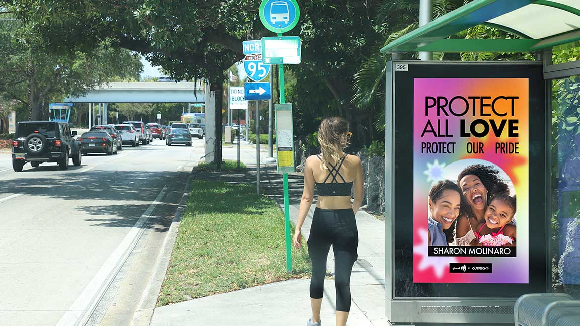 OUTFRONT x GLAAD Protect Our Pride partnership on Miami bus shelter