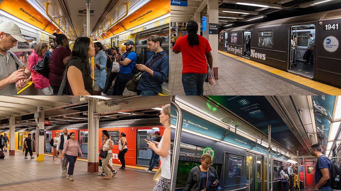 Composite of interior and exterior shots of New York Times wrapped shuttle