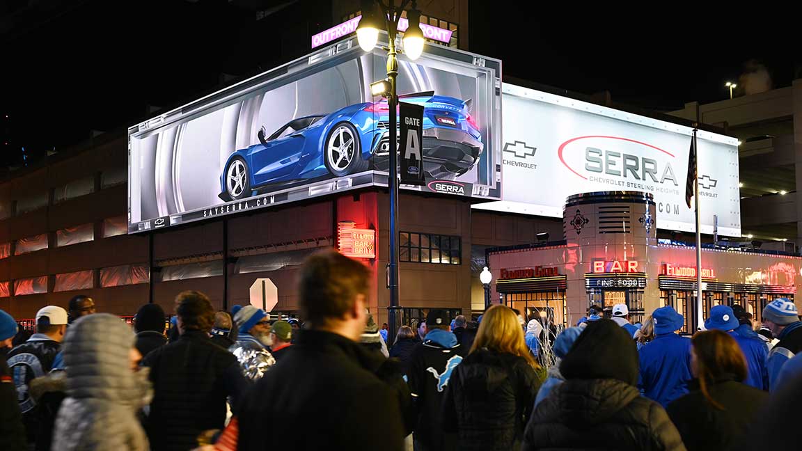 OUTFRONT XScape spatial DOOH 3D billboard creative advertisement in Detroit from Serra Chevrolet Sterling Heights 