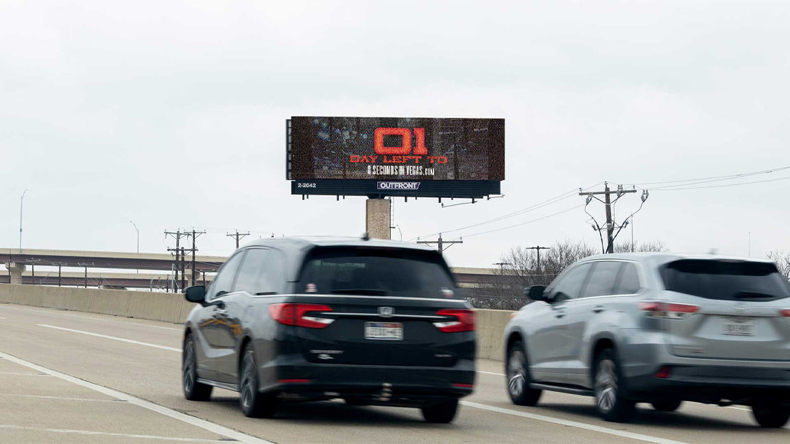 Digital billboard in Dallas promoting 8 Seconds in Vegas PBR Teams giveaway