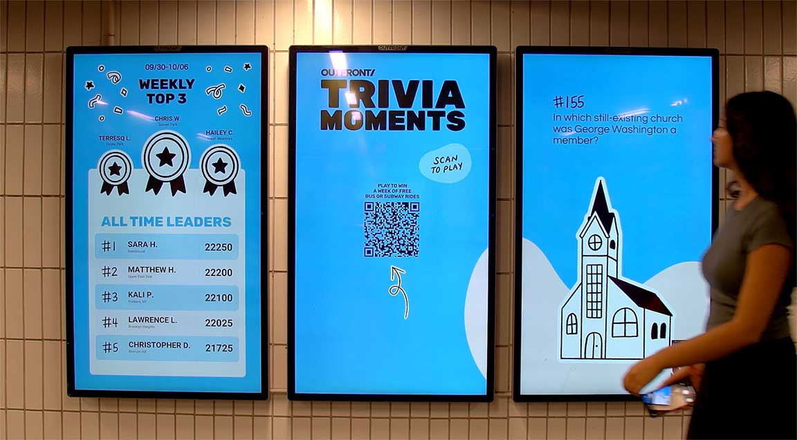 Trivia Moments gamified OOH experience with leaderboard on subway Liveboard triptych