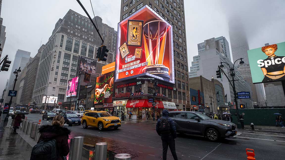 Large-format Penn Digital spectacular billboard in New York City advertising NBA In-Season Tournament