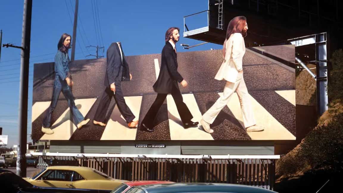 Abbey Road billboard on the Sunset Strip in 1969 with a headless Paul McCartney 