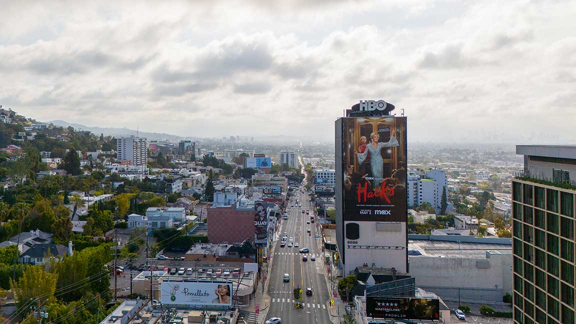 The “HBO Wall” at 9000 Sunset Boulevard in Los Angeles advertising Hacks