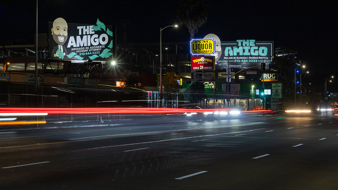 Traditional static billboards for The Rideshare Amigo, Los Angeles attorney Richard Pourgol, utilizing extensions