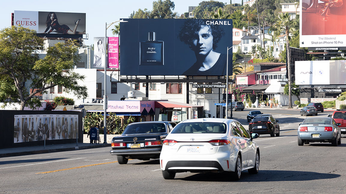 Timothée Chalamet for Chanel on an OUTFRONT PRIME billboard on the Sunset Strip in West Hollywood