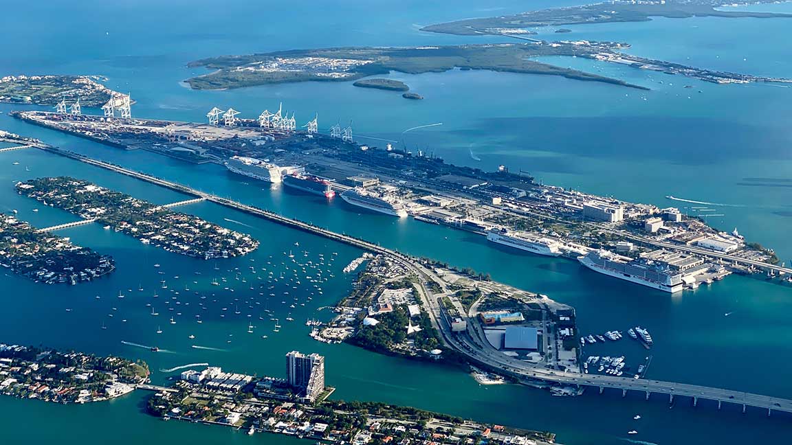 Cruise ships docked at PortMiami’s cruise terminal, the world’s busiest