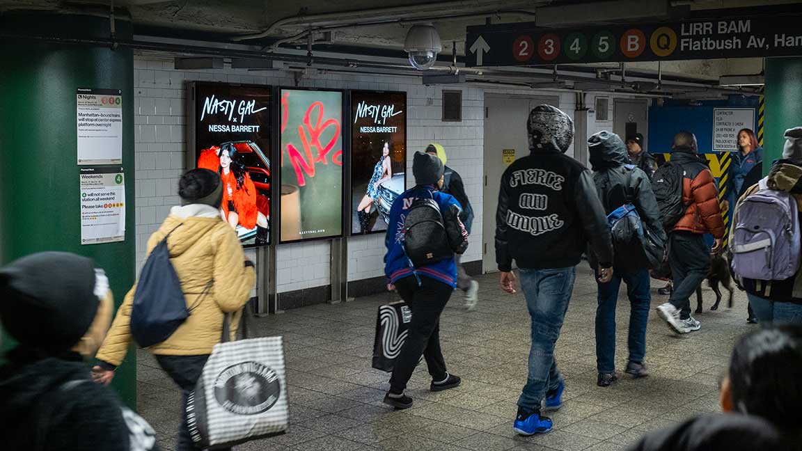 Nasty Gal DOOH advertisement on OUTFRONT Liveboard on New York City subway