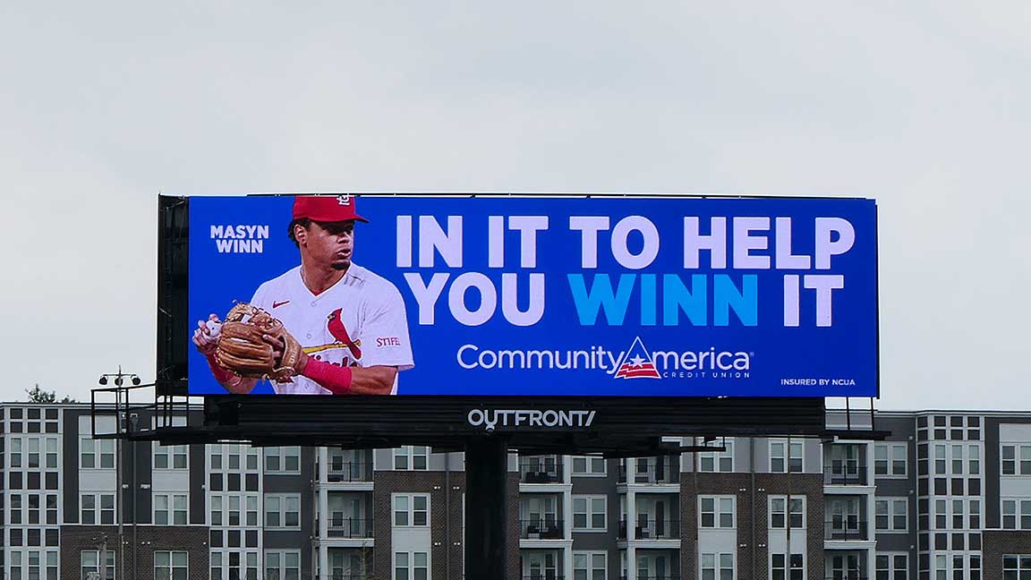 Contextually relevant St. Louis digital billboard for Community America Credit Union featuring Cardinals pitcher Masyn Winn