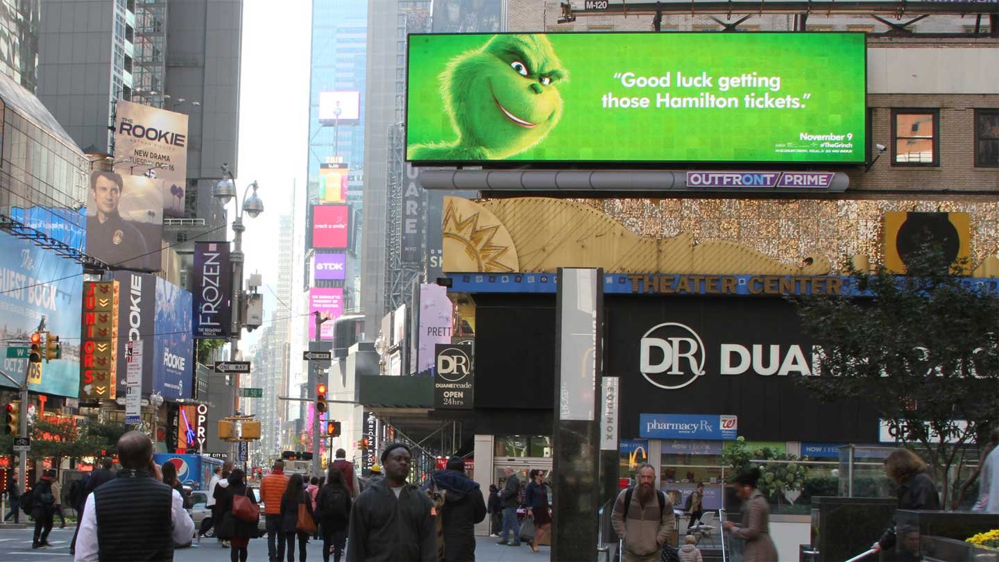 the grinch billboard out of home advertising in prime location in times square