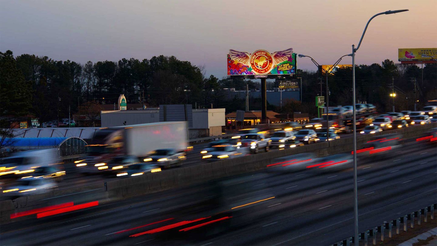high impact highway billboard out of home advertising in atlanta for the flying biscuit restaurant