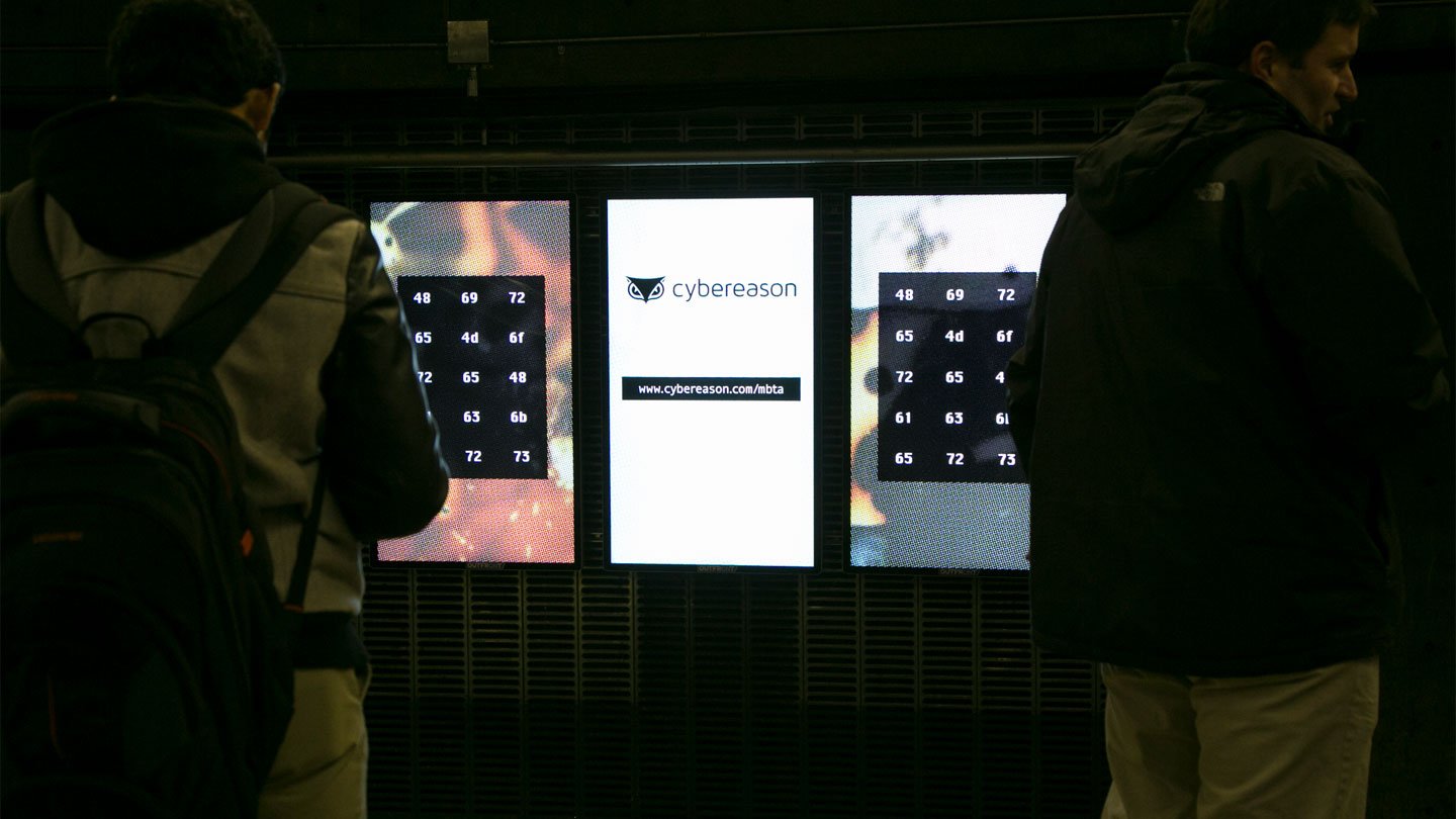 digital liveboard out of home advertising in boston train station for cybereason