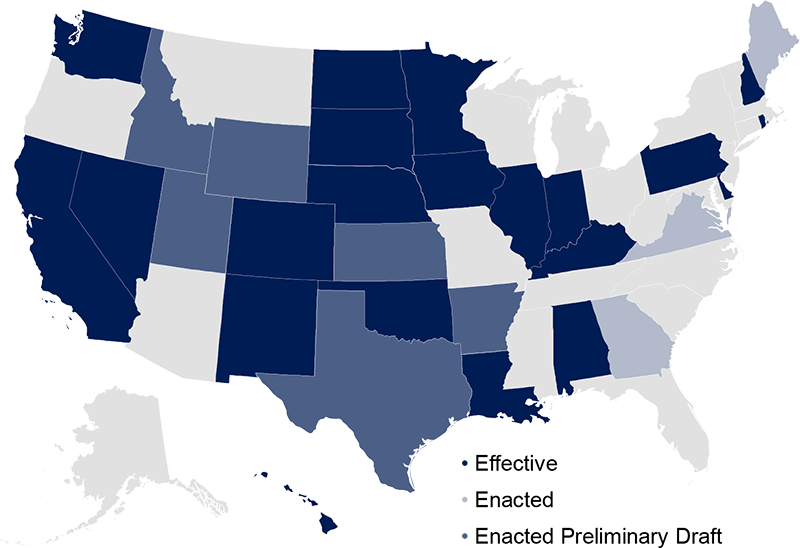 A map of the United States showing 24 states that have enacted Article 12 and 6 states that have a preliminary version in effect.