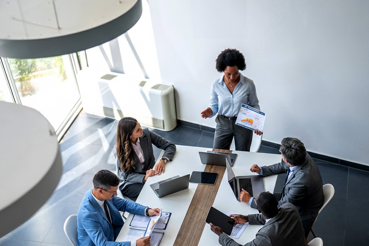 A professional insurance broker analyzing data charts and graphs with a city skyline visible through the window, representing business growth and strategic planning in the insurance industry.