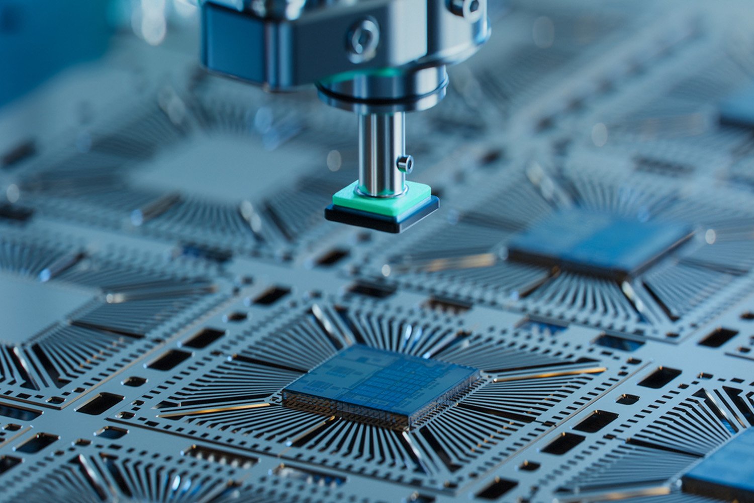 Image showing the intricate manufacturing process of microchips, with machinery and tools carefully assembling the components.