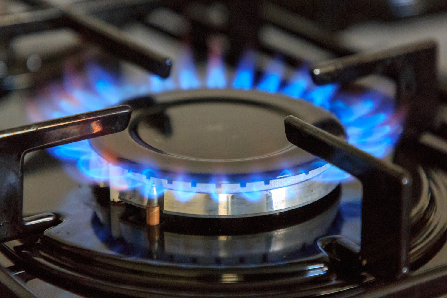 Image of a gas burner on a stove, highlighting the blue flame and metal grates.